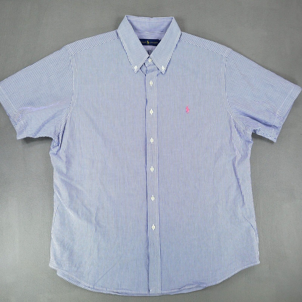 Ralph Lauren Seersucker Shirt Men XL Blue White Striped Short Sleeve Embroidered - Picture 2 of 7